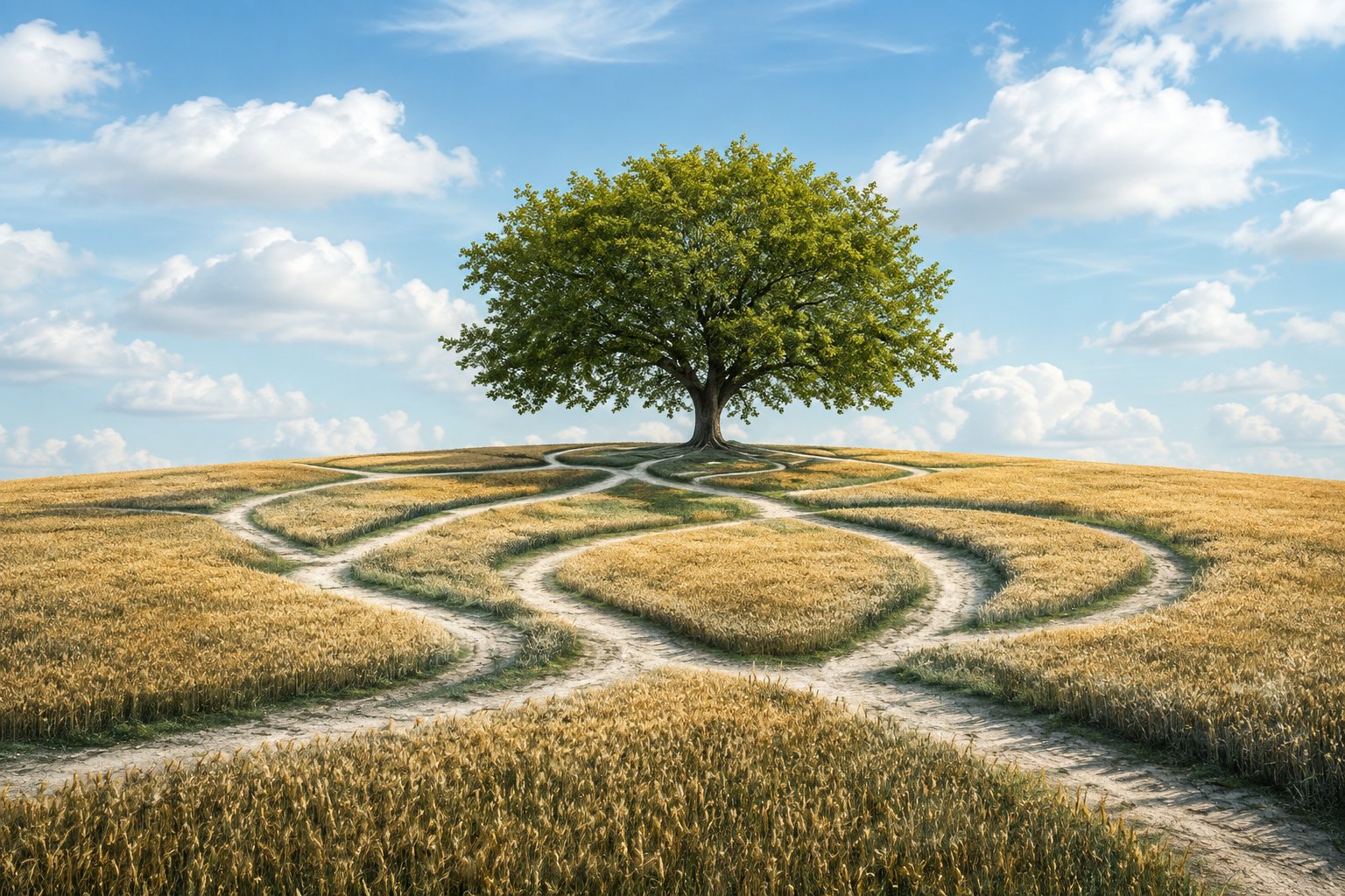 Single tree on hill with multiple winding paths leading to it