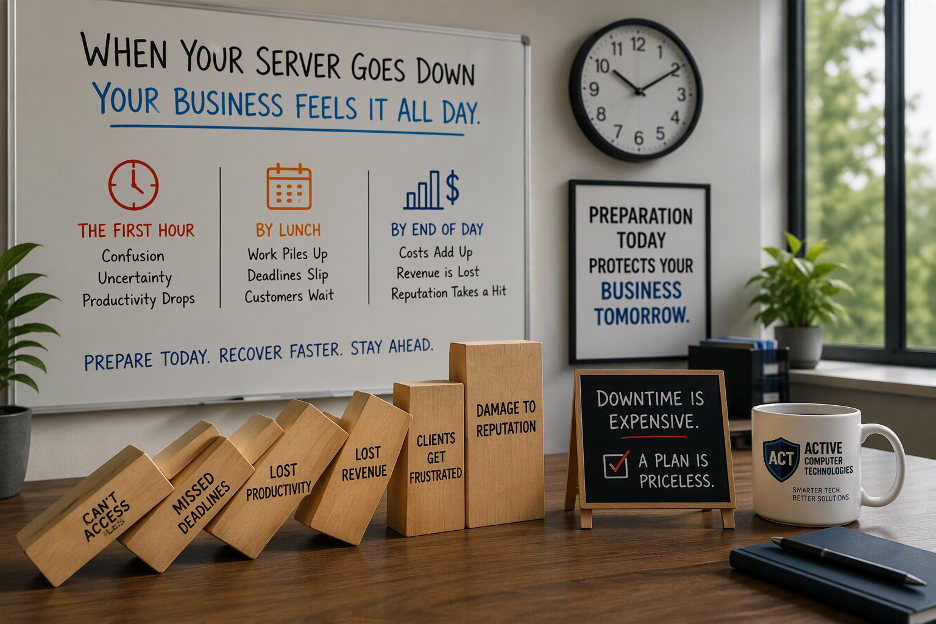 Server downtime impact infographic with whiteboard and falling blocks